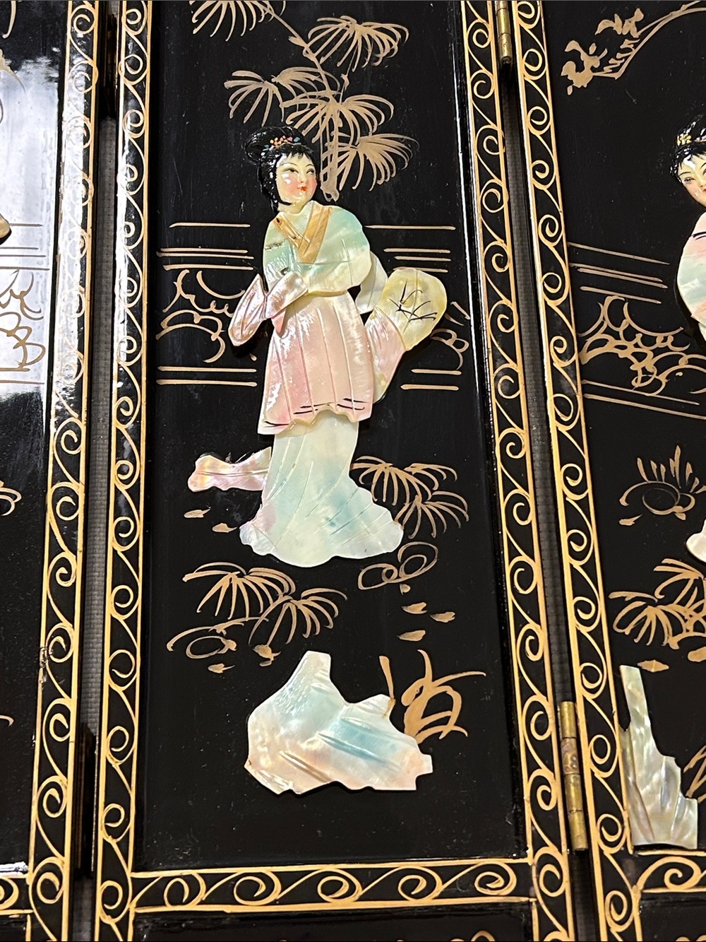 Miniature Chinese black lacquer four panel table top folding screen image 4